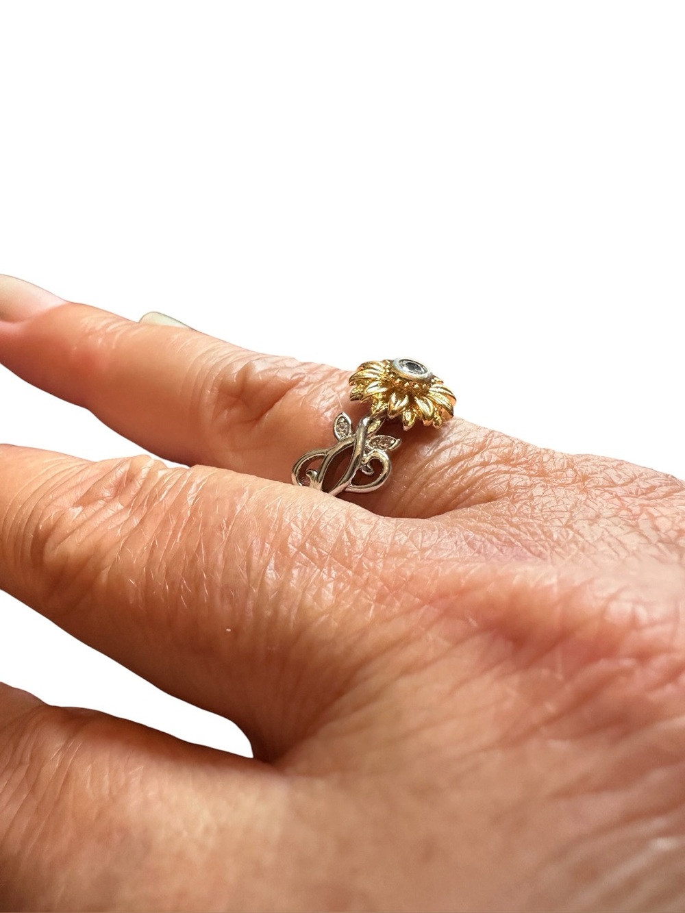 Mixed Metal Silver and Gold Flower Ring - Picture 2 of 7